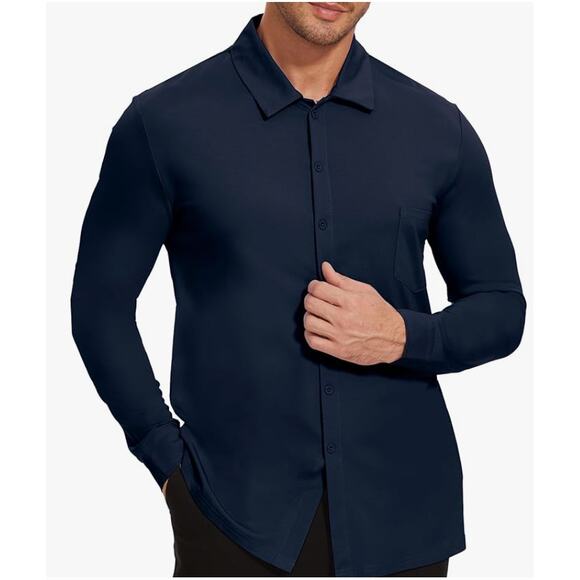 2XL Rayon Dress Shirt for Men NavyBlue LongSleeve ButtonDown - Picture 1 of 5